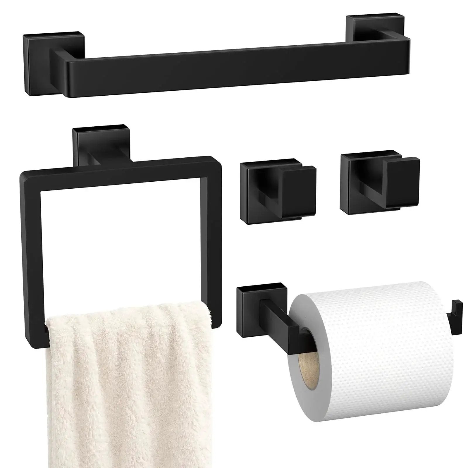 Matte Black 5 Piece Bathroom Hardware Set Made Of SUS304 Stainless Steel Wall Mounted Towel Bar Towel Ring Toilet Paper Holder And Two Towel Hooks For Rust Resistant Durability And Modern Bathroom Organization