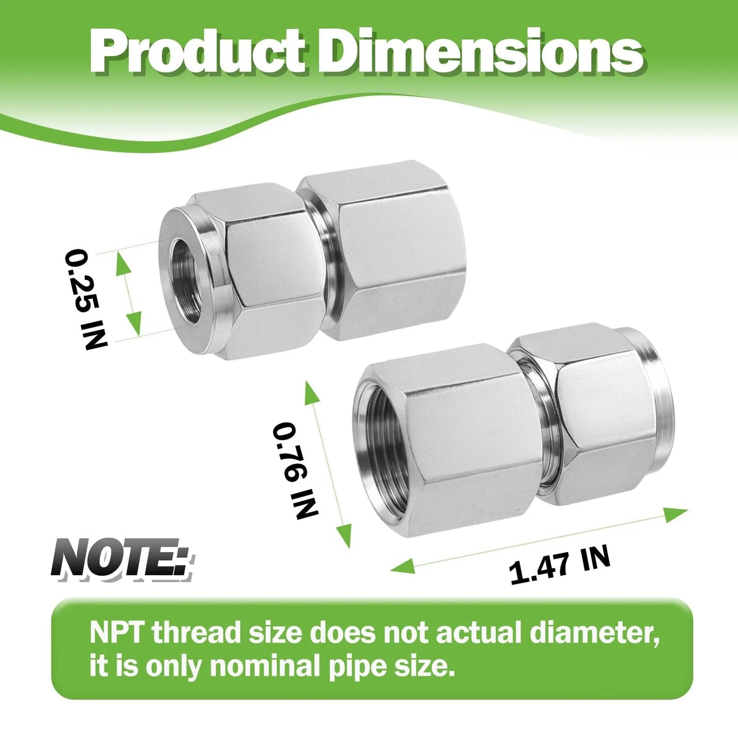 Stainless Steel 304 Compression Coupler Tube Fitting One Quarter Inch OD To One Quarter Inch NPT Female Connector With Double Ferrule Adapter Pack Of Two Goldpea, shown with product dimensions including 1.47 inches and 0.76 inches.