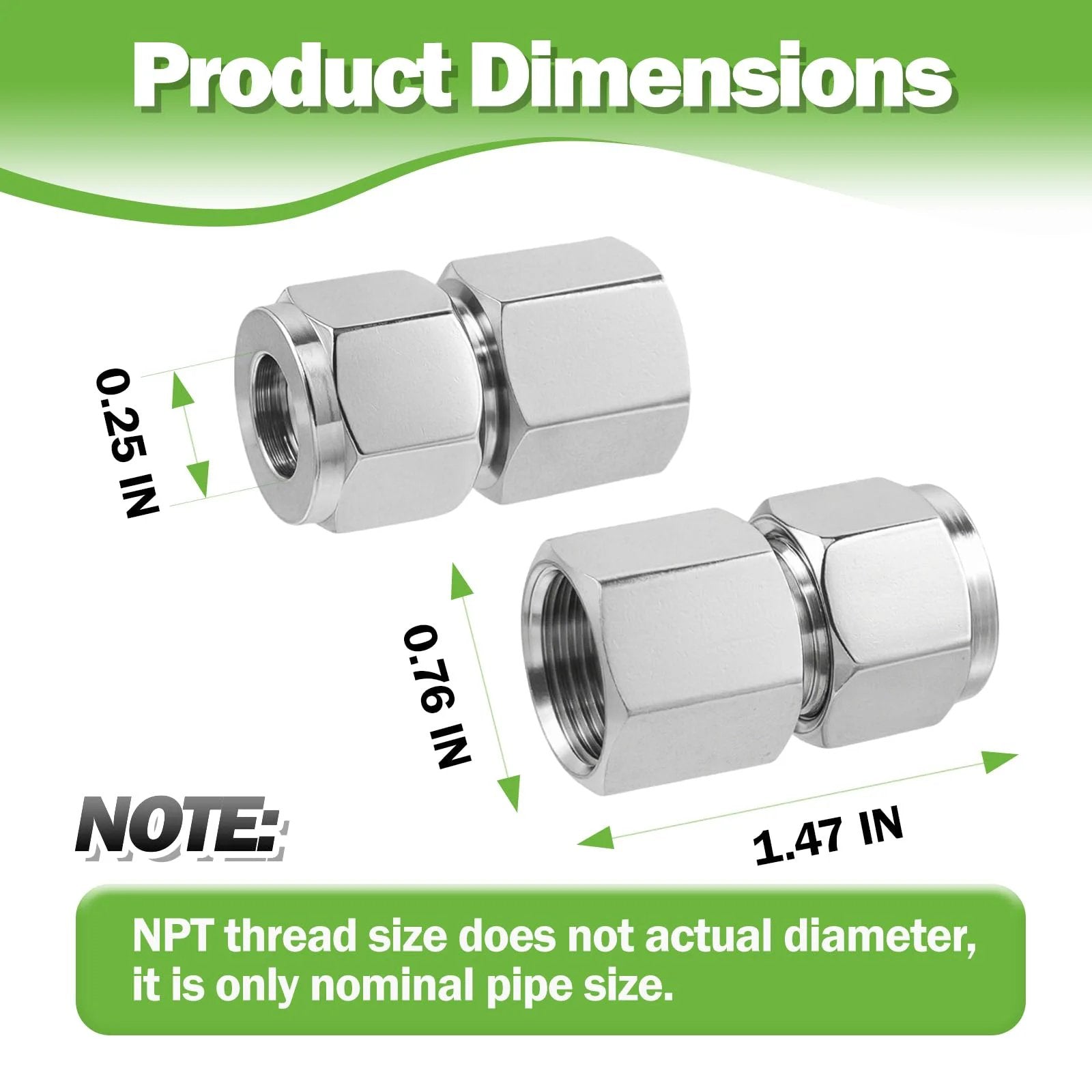 Stainless Steel 304 Compression Coupler Tube Fitting One Quarter Inch OD To One Quarter Inch NPT Female Connector With Double Ferrule Adapter Pack Of Two Goldpea, shown with product dimensions including 1.47 inches and 0.76 inches.