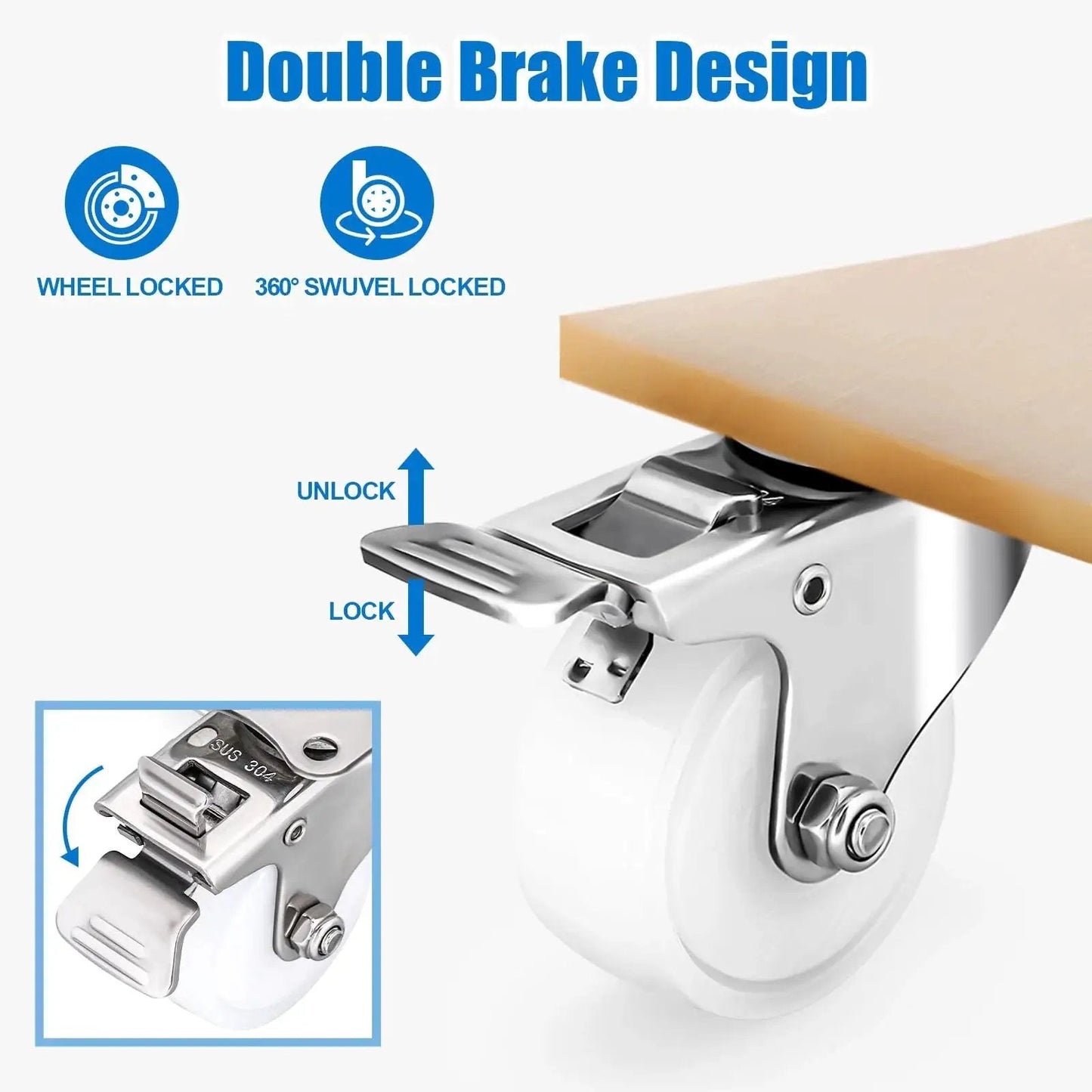 2 Inch Stainless Steel Caster Wheels Set Of 4 For Outdoor Use, Anti Rust Swivel Casters With Durable Polyamide PA Wheels, showing dual brakes