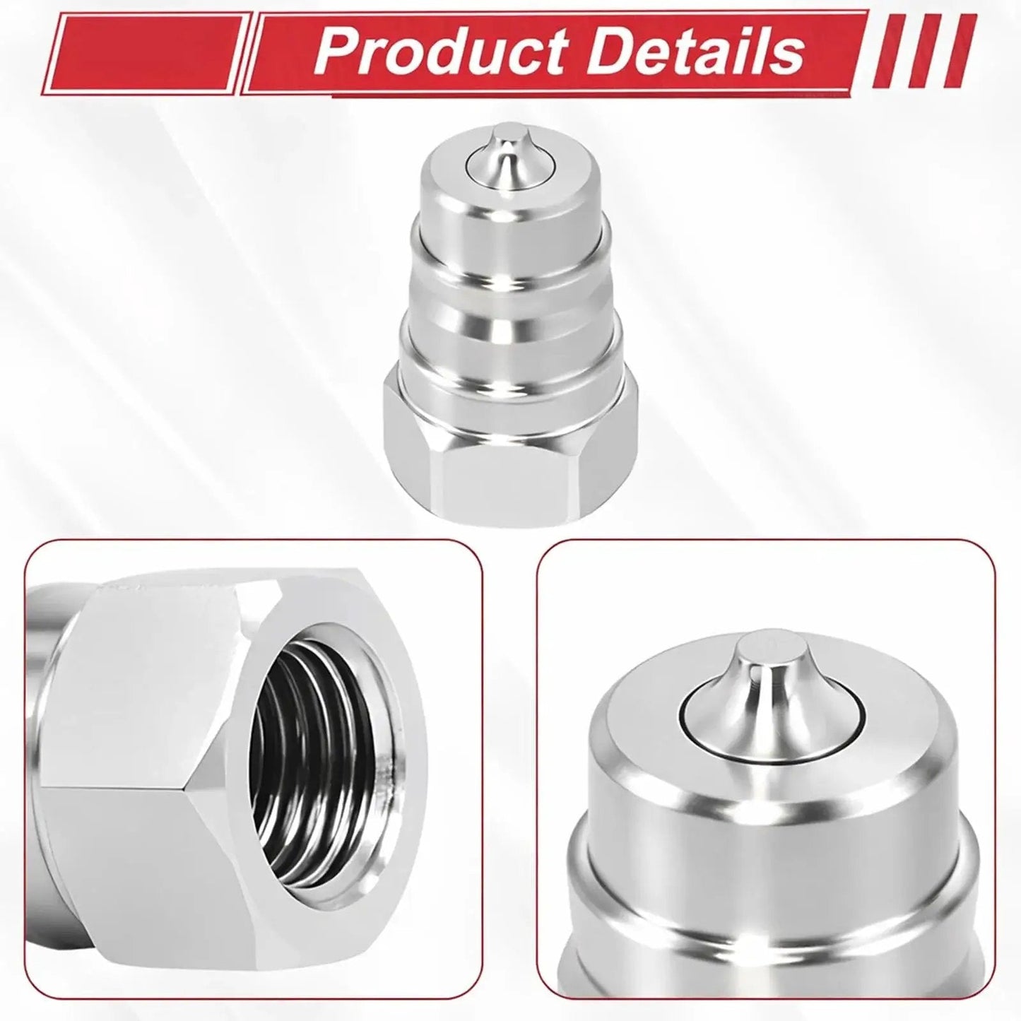 Close-up of Two Pack One Half Inch Agricultural Hydraulic Quick Connect Couplers With Dust Caps ISO 5675 Pioneer Poppet Style