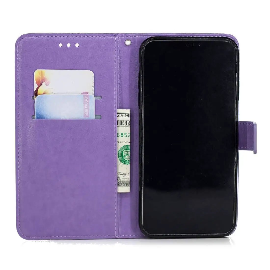 Purple phone wallet case with card slots and cash holder, featuring foldable design for protection and convenience.