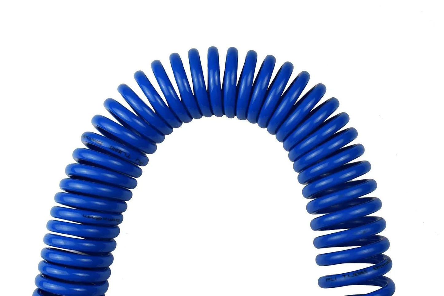 Close-up of blue Polyurethane Recoil Air Hose One Quarter Inch Inner Diameter By Twenty Five Feet With Bend Restrictor and Industrial Quick Coupler