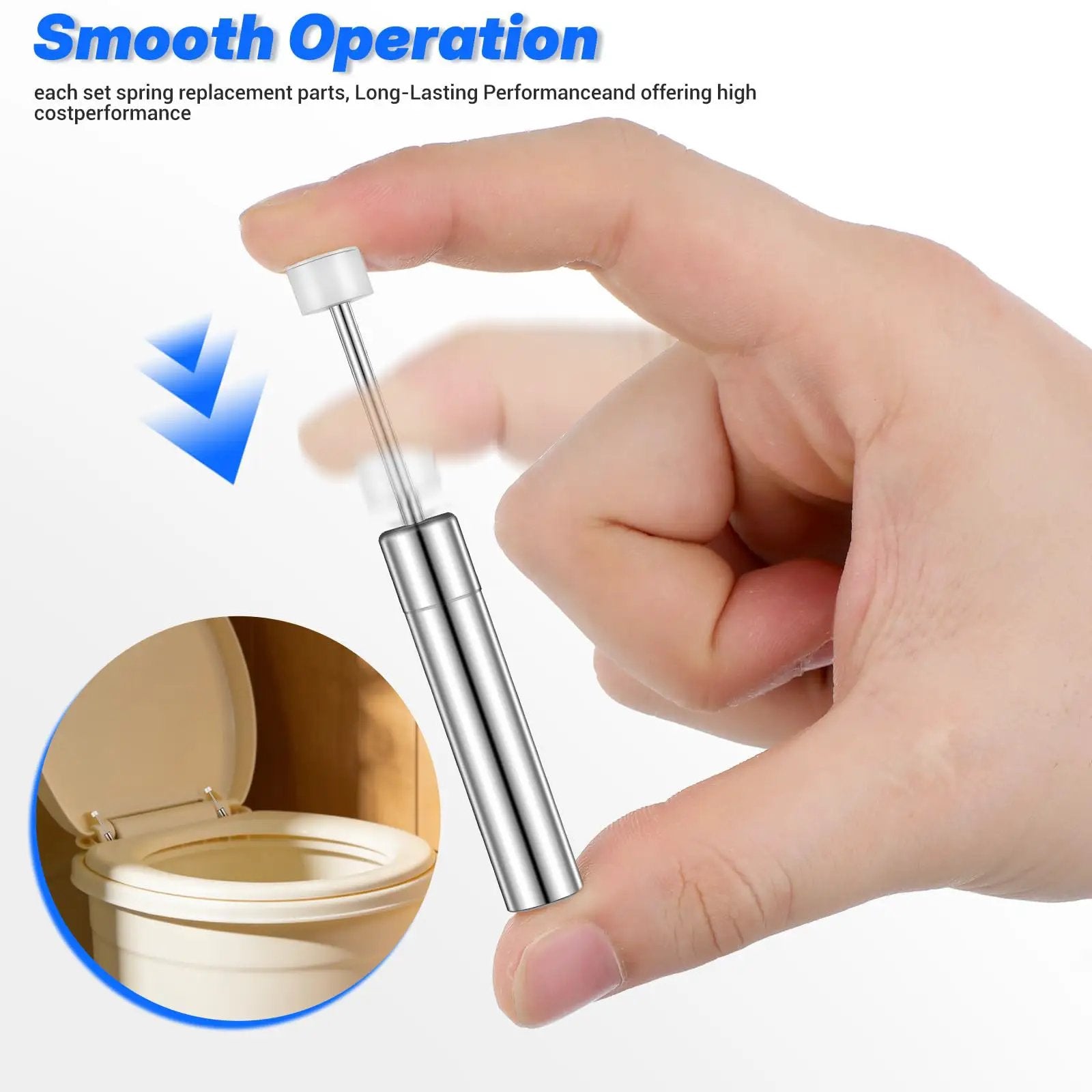 Hand holding hydraulic piston, Soft Close Damper For Trash Can Lids, 6 Pack Hydraulic Lid Piston With Quiet Close Buffer