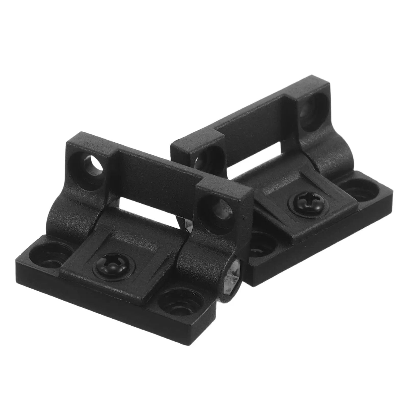 Plastic Right Angle Folding Hinge With Adjustable Torque For Cabinet Doors And Electrical Boxes, black, front view.
