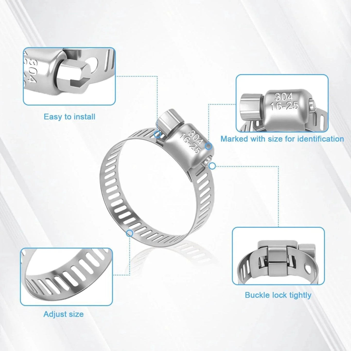 40 Piece Stainless Steel Hose Clamp Set With Adjustable Worm Gear Clamps For Fuel Lines Plumbing And Garden From One Quarter To One And One Half Inch Featuring Size Ranges 6 12mm 10 16mm 13 19mm 16 25mm 21 38mm shown with detail views of easy installation, size marking, and buckle lock.