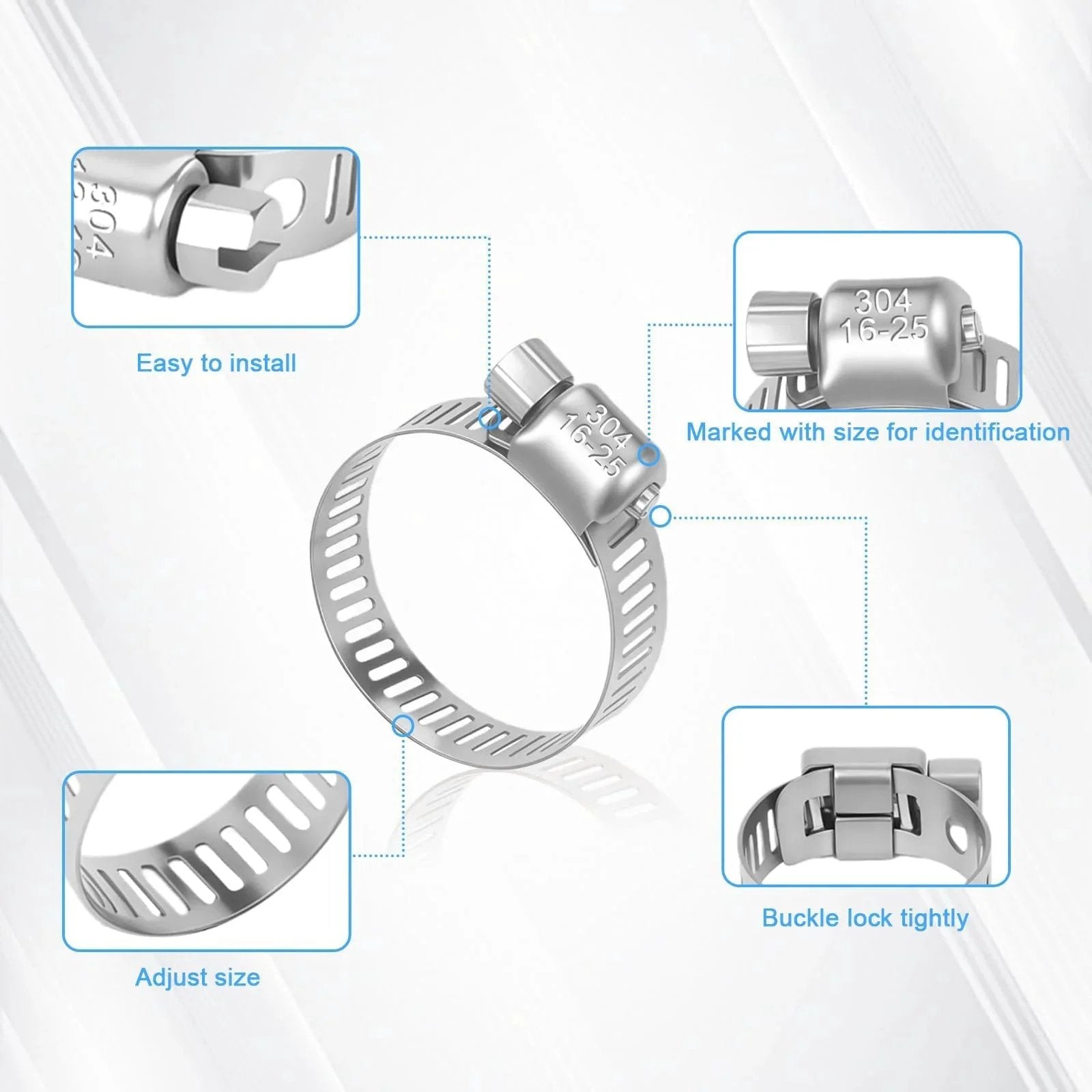 40 Piece Stainless Steel Hose Clamp Set With Adjustable Worm Gear Clamps For Fuel Lines Plumbing And Garden From One Quarter To One And One Half Inch Featuring Size Ranges 6 12mm 10 16mm 13 19mm 16 25mm 21 38mm shown with detail views of easy installation, size marking, and buckle lock.