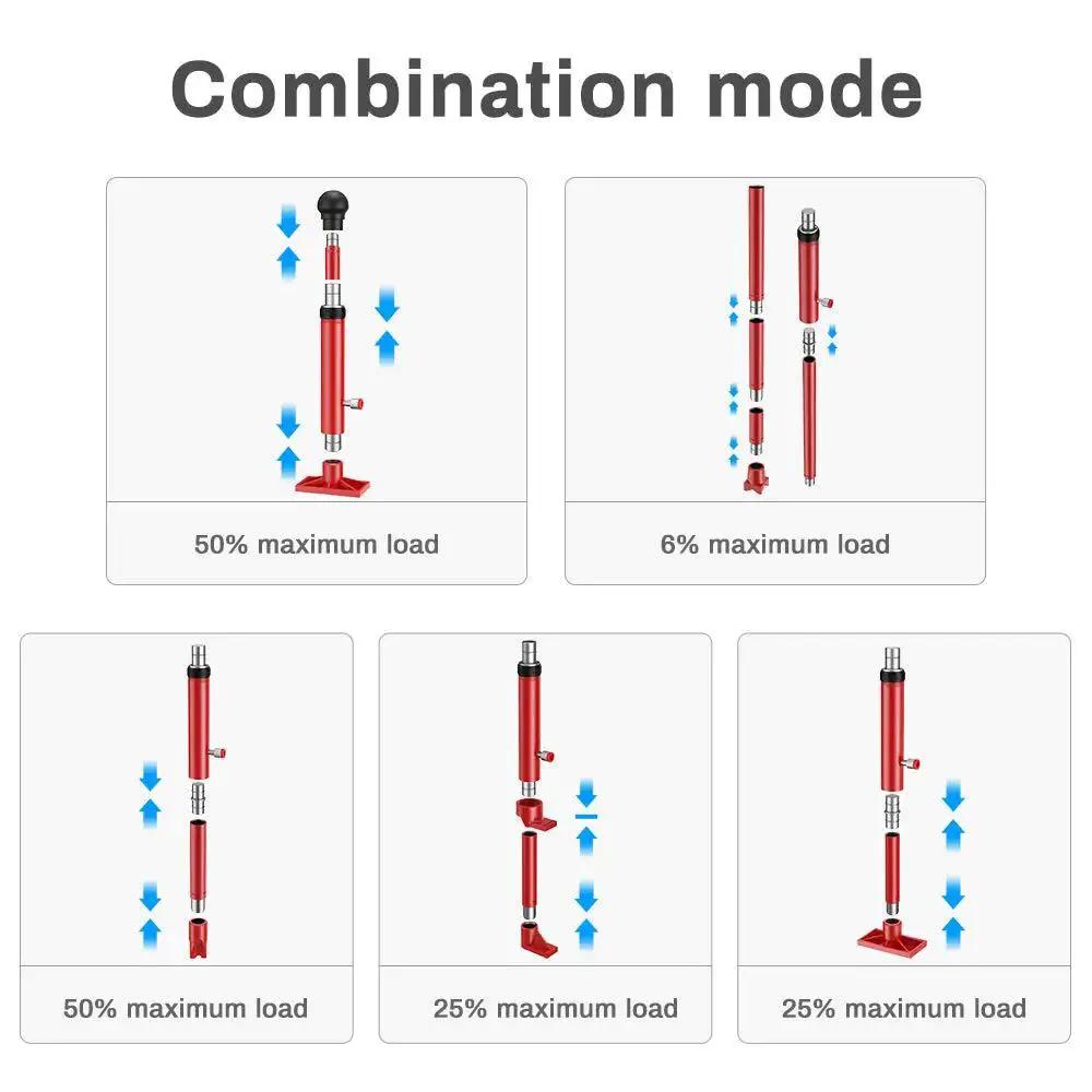 Diagram showing combination modes for 10 Ton Porta Power Hydraulic Jack With Upgraded Multifunction For Car Body Repair.