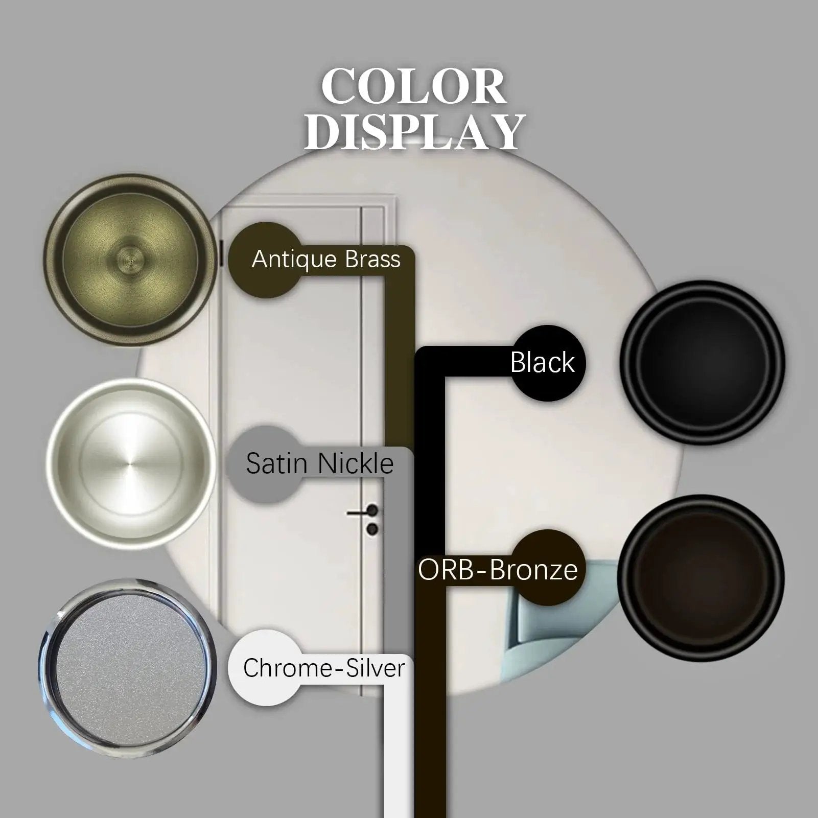 Color display of closet door finger pulls in antique brass, satin nickel, chrome-silver, black, and ORB-bronze finishes