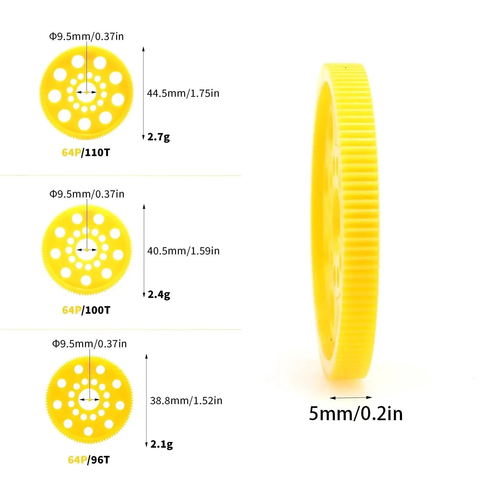 64P 96T spur gear for 1 To 10 on road RC cars in yellow plastic, side view with size comparison to 64P 100T and 110T gears.