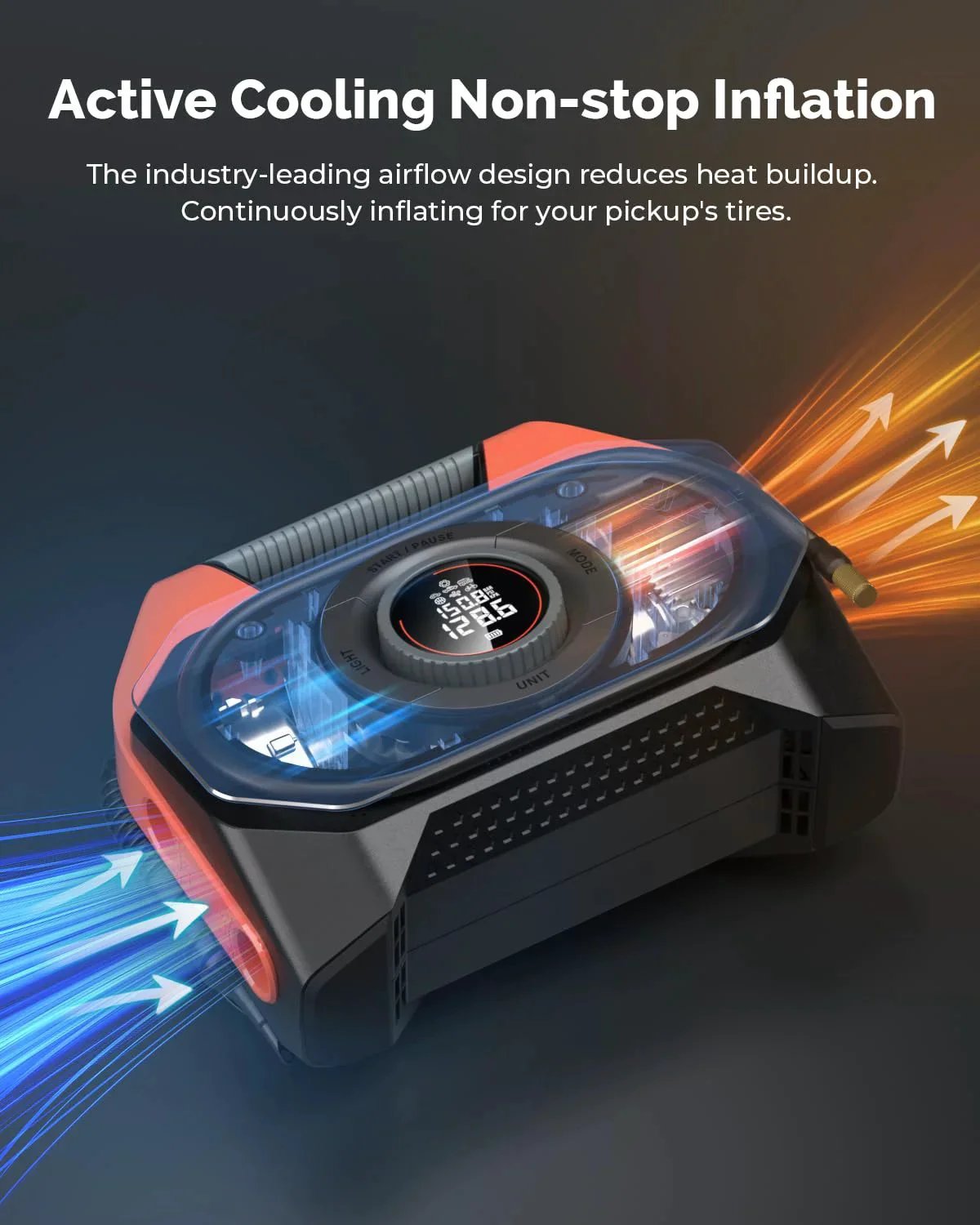 Vortex S6 Cordless Tire Inflator For Cars And Trucks Heavy Duty Inflation Ultra Fast With 19200mAh Battery showing airflow design