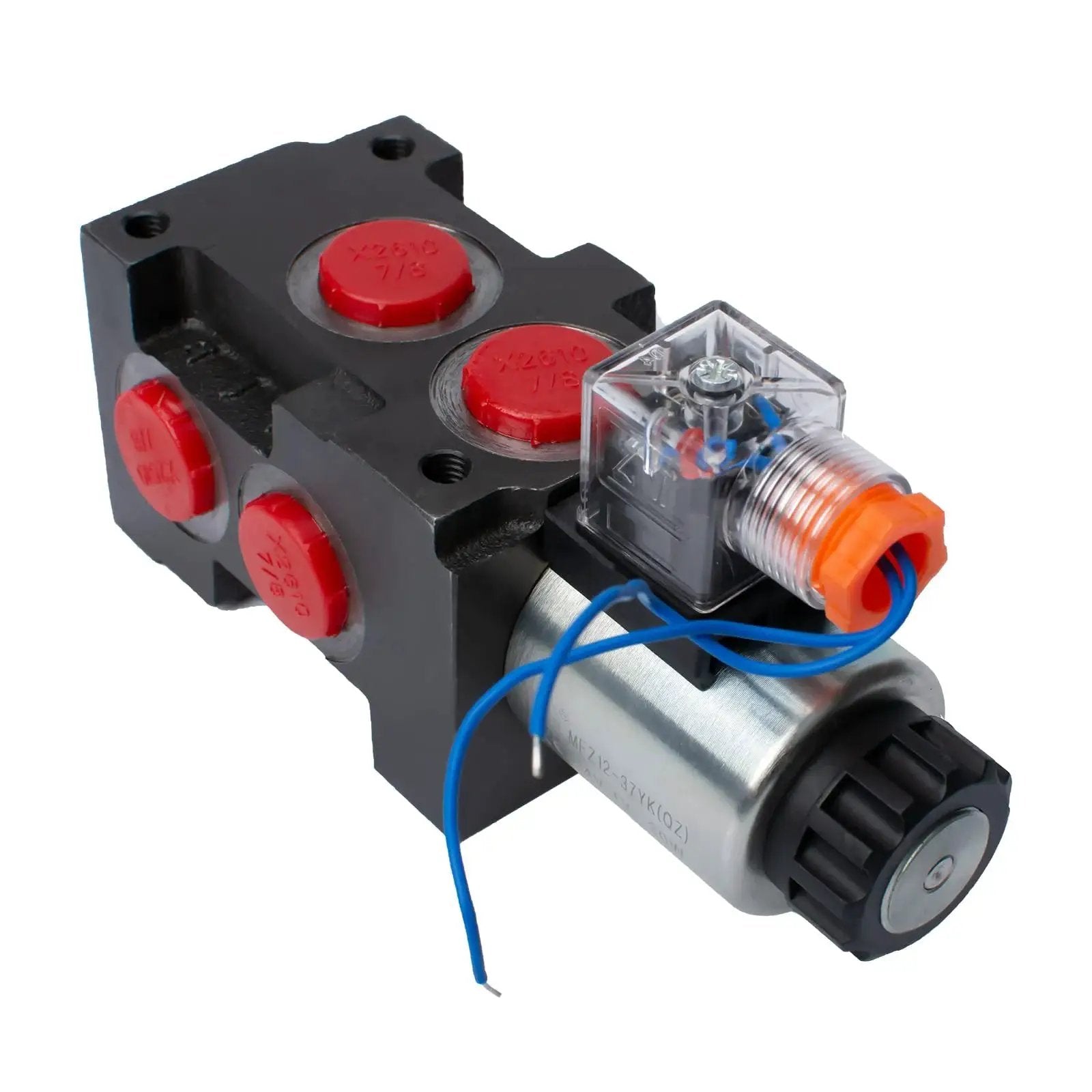 Versatile Hydraulic Solenoid Diverter Valve For Quick Oil Circuit Swaps, 13 GPM At 12V DC, 6 SAE Ports with three quarter inch sixteen UNF, front view.