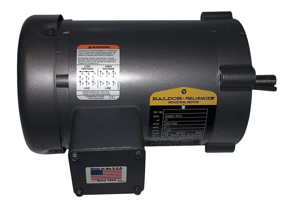 Side view of Single 3-Phase TEFC C-Face Motor VEM3546T, 1 HP 1760 RPM, 143TC frame, showing labels and connections.