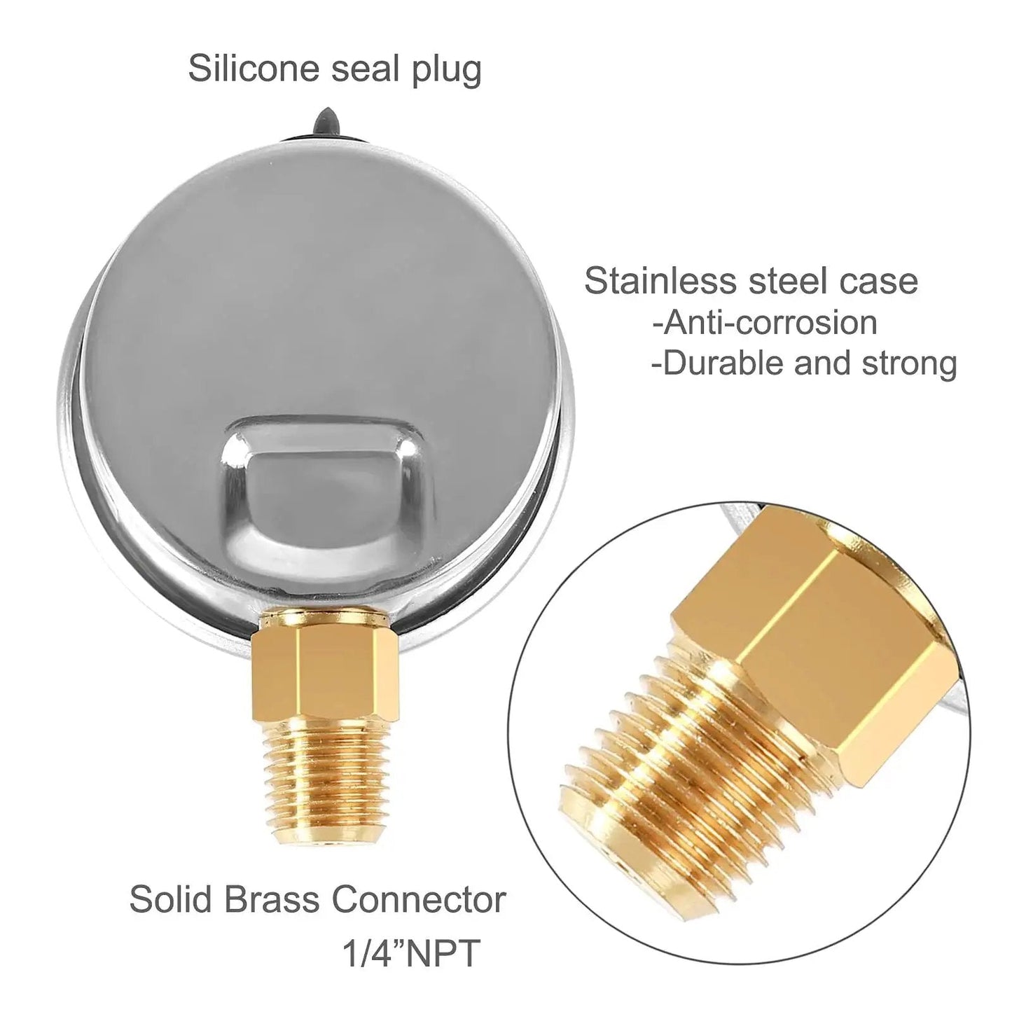 Back view of Liquid Filled Fuel Pressure Gauge with 2 inch dial, stainless steel case, brass 1/4 inch NPT connector, silicone seal plug.