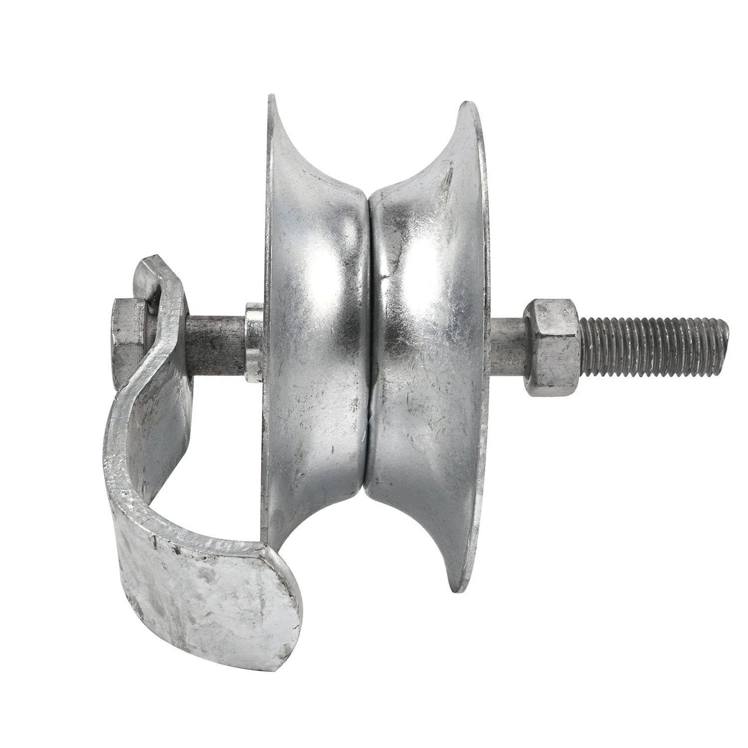 Side view of a 5 Inch Steel Pipe Track Roller Galvanized For One And Five Eighths Inch Gate Track Fits One And Five Eighths Inch Pipe Frame Heavy Duty Sliding Gate Roller Pack Of 2 With Hot Dipped Galvanized Finish For Outdoor Use And Long Lasting Performance.