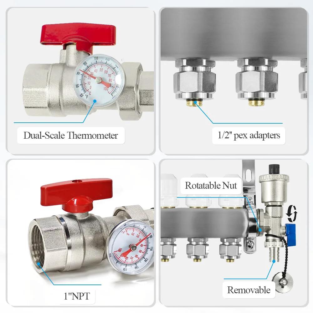 AB 12 Loop PEX Radiant Manifold For Hydronic Floor Heating With Half Inch Outlets And Up To 1.3 GPM Flow Valve Stainless Steel Build