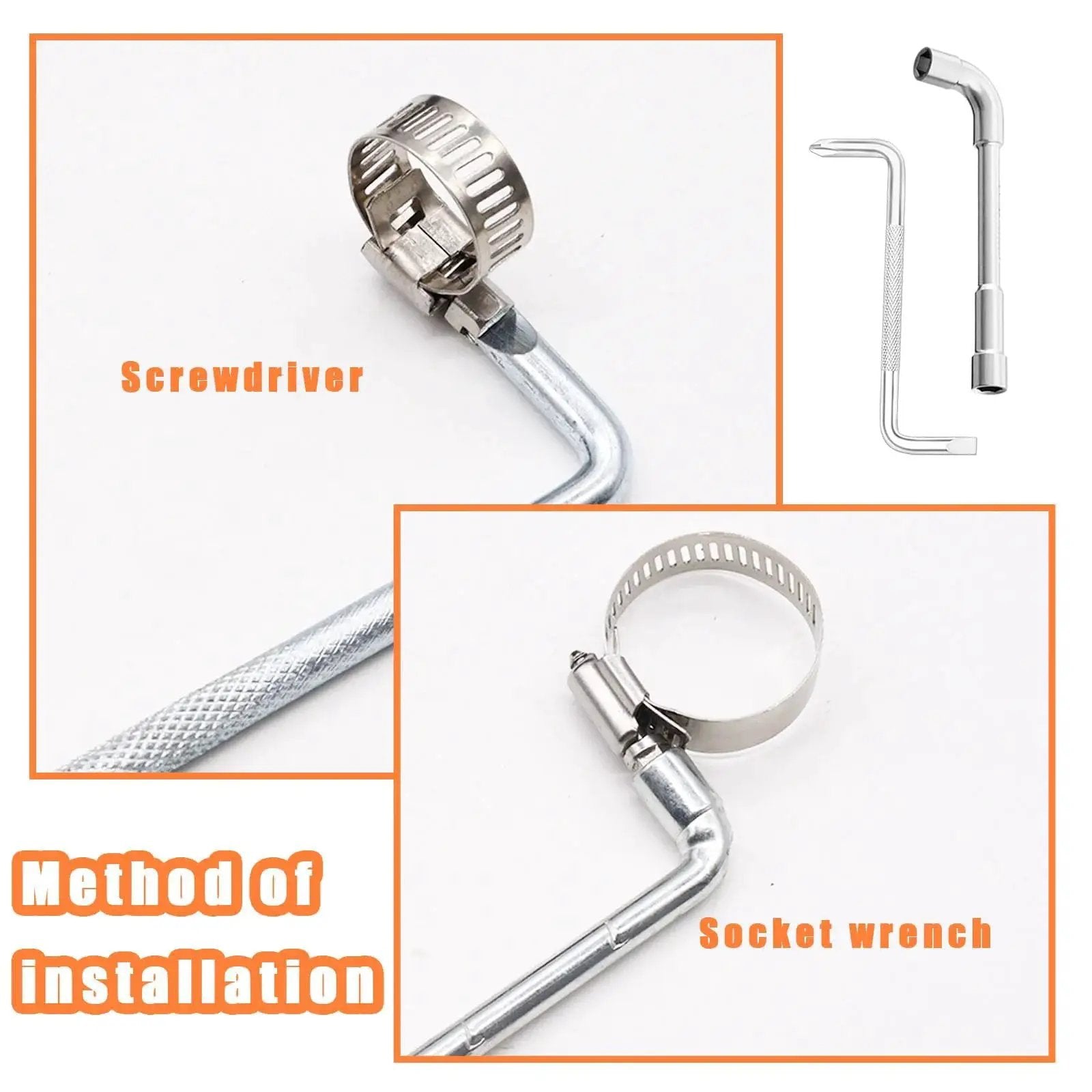 Installation method for Heavy Duty 202 Piece Stainless Steel Hose Clamp Kit 304 Stainless Worm Gear Clamps with screwdriver and socket wrench.