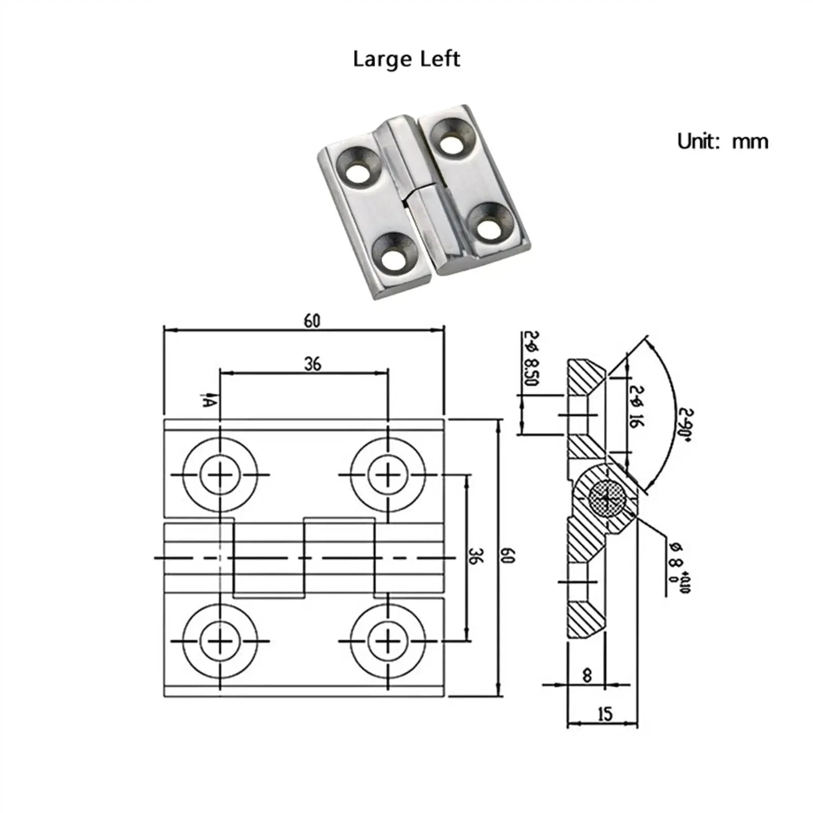 Diagram and image of Heavy Duty Detachable 304 Stainless Steel Hinge For Industrial Machinery And Equipment With Thickened High Load Capacity Polished Large Finish