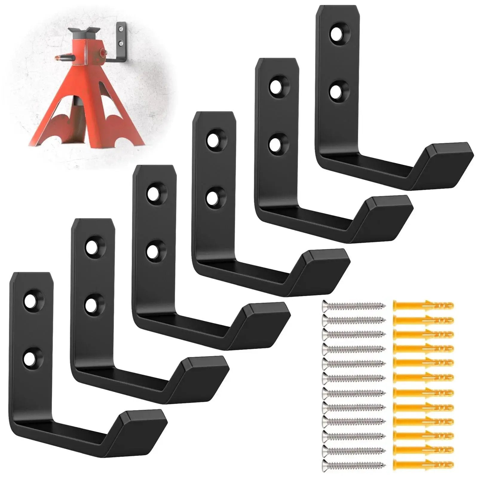 Jack Stands Wall Mount Organizer For Heavy Duty Garage Hooks Fits 2 To 6 Ton, black steel hooks and screws included.