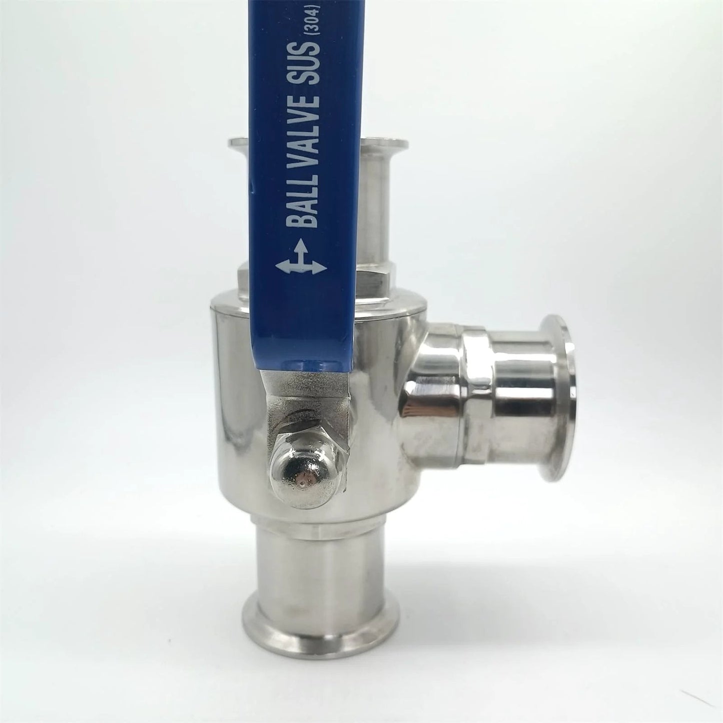 2 Inch Tri Clamp Sanitary Ball Valve 3 Way T Port For Flexible Fluid Routing With PTFE Seat And 304 Stainless Steel Body Blue Handle side view
