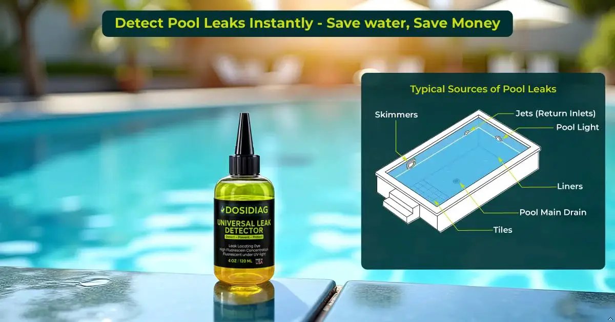 Universal Leak Detector Tracer Dye For Pools Spas Plumbing Roofs And Cars With High Visibility And 100 Percent UV Compatible Formula bottle by pool
