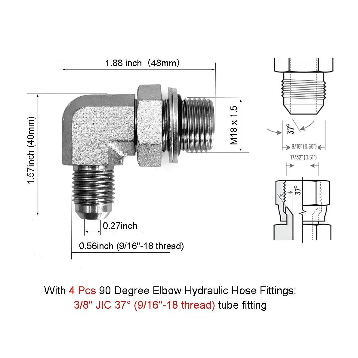 90 degree elbow hydraulic hose fitting with 3/8" JIC 37° and 9/16"-18 thread dimensions diagram