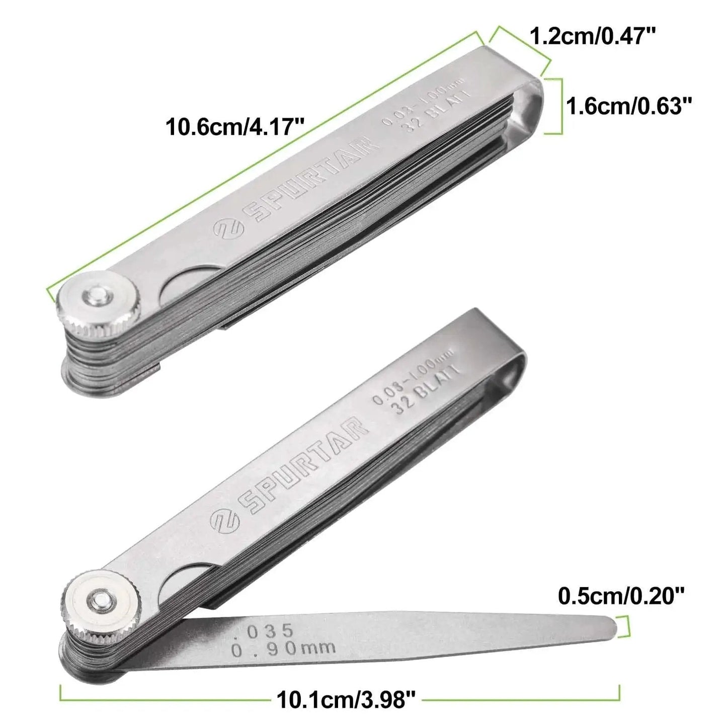 Dual Marked Feeler Gauge Set with 32 tapered stainless steel blades from 0.001 to 0.04 inches SAE and metric readouts.