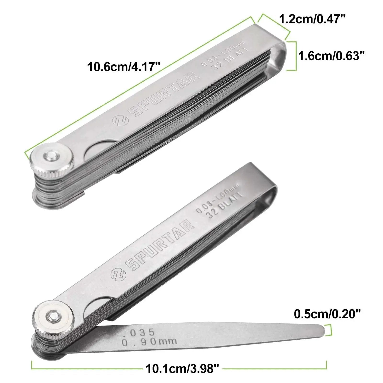 Dual Marked Feeler Gauge Set with 32 tapered stainless steel blades from 0.001 to 0.04 inches SAE and metric readouts.