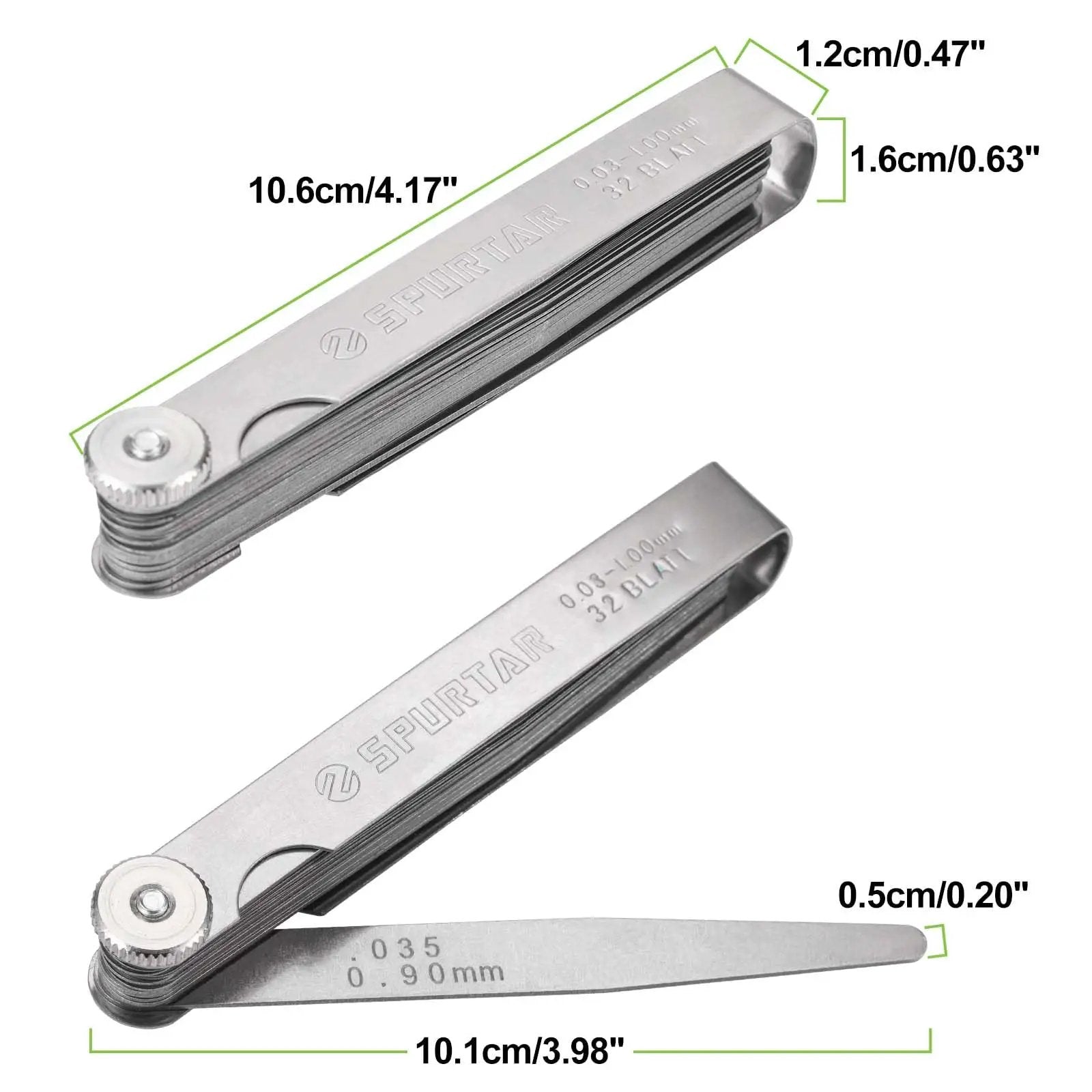 Feeler Gauge Set 0.001-0.04 Inch 32 Blades Stainless Steel Dual Marked SAE And Metric For Gap Thickness Or Width Measuring Spark Plug Valve Piston Guitar Maintenance, showing stainless steel blades in compact design.