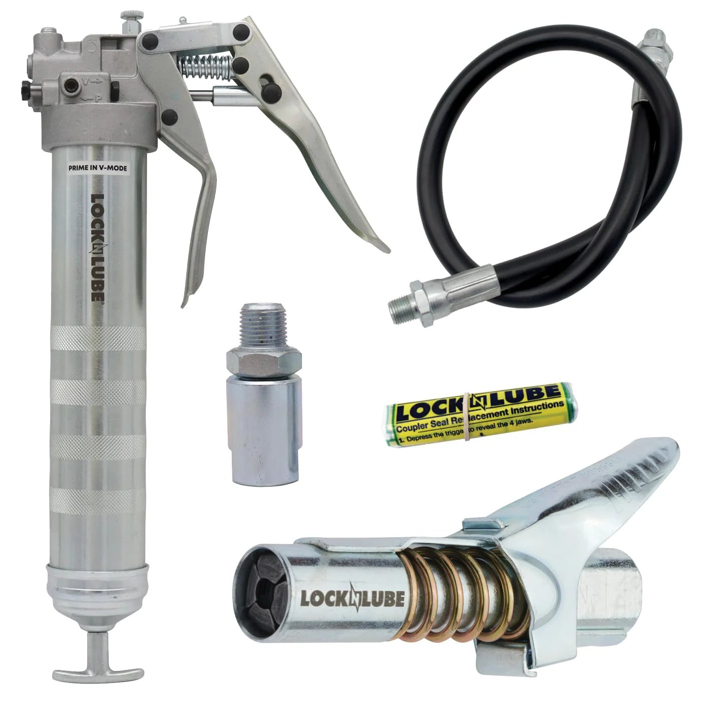 Beefy Dual-Mode Pistol Grip Grease Gun With LockNLube Coupler 20 Inch Hose, replacement seal kit, and inline swivel.