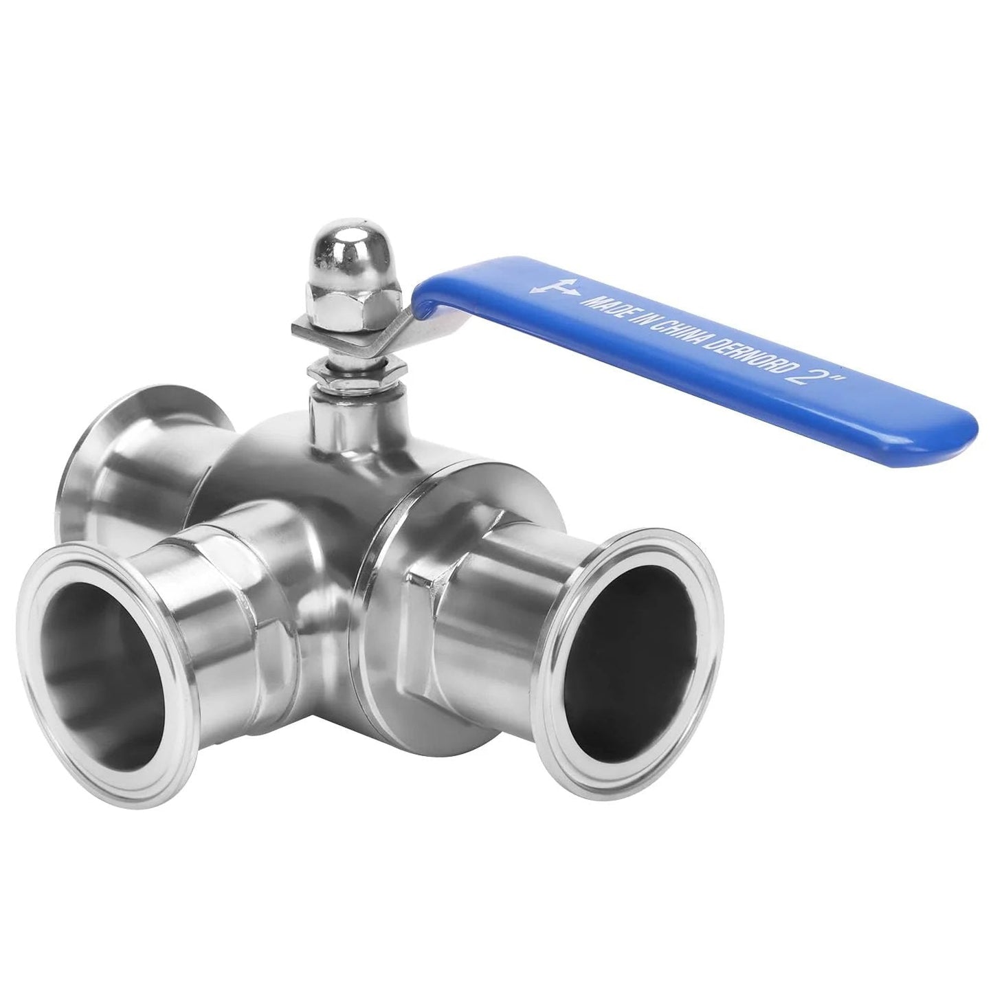 Front view of 2 Inch Tri Clamp Sanitary 3 Way Ball Valve T Port Stainless Steel 304 PTFE Lined For Food And Beverage Dairy Beer Brewing Water Supply Pharma And Bio Chemical Ops, Pro Grade 2 Inch Tube OD DERNORD