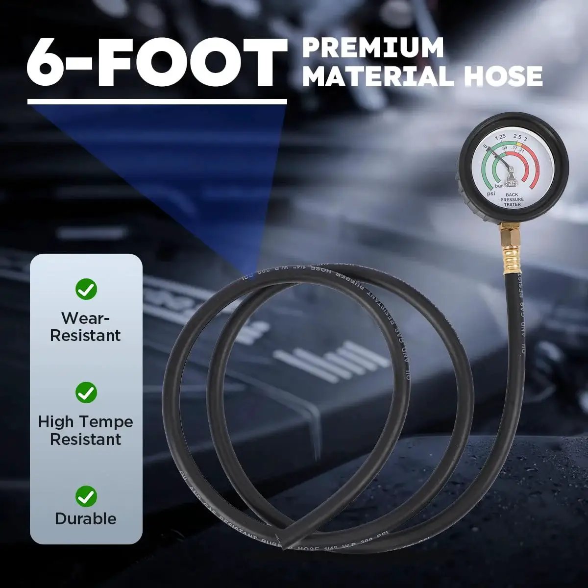 Back Pressure Exhaust Tester Kit With Carrying Case And 6 Foot Hose showing gauge and durable silicone hose on engine background.