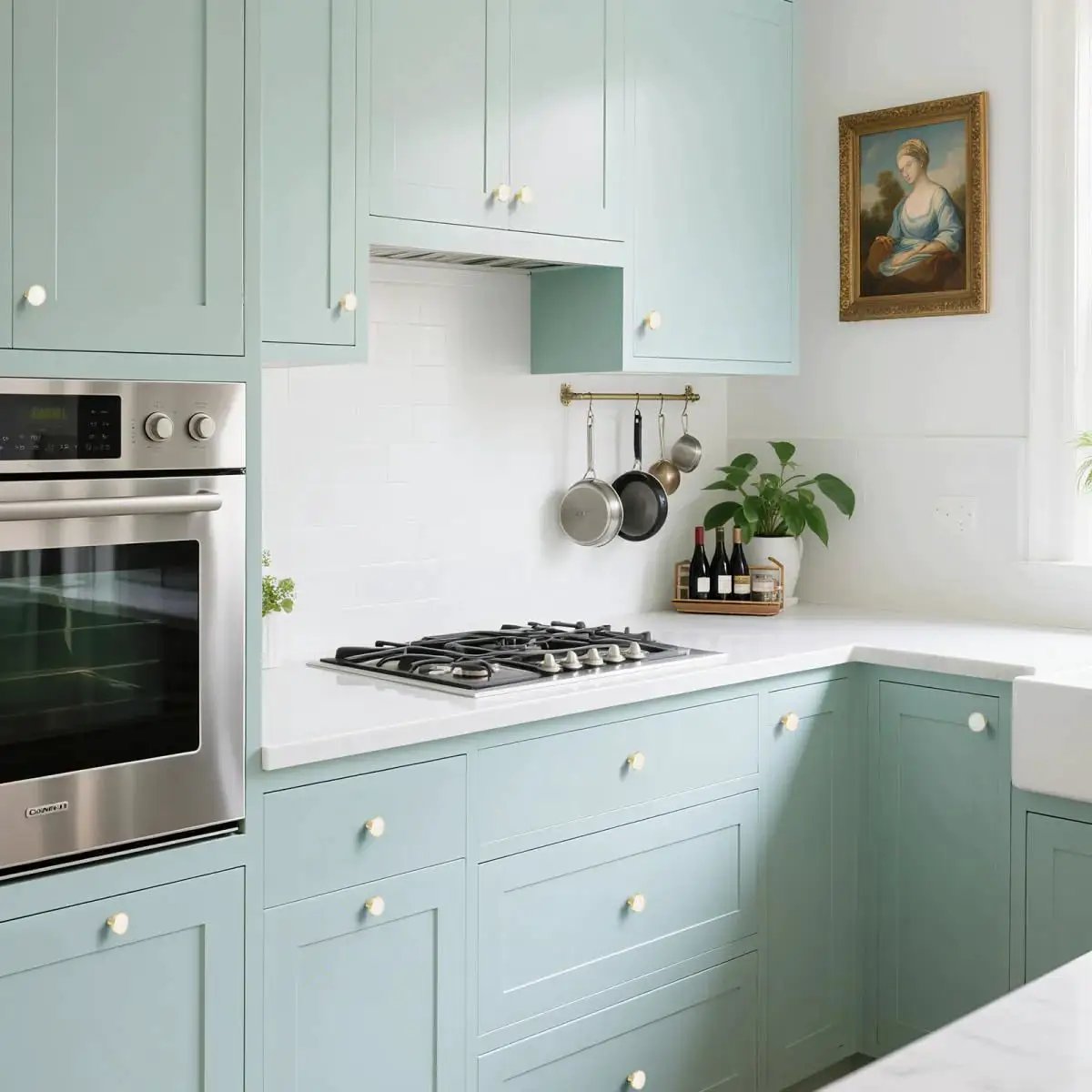 Modern kitchen with light blue cabinets featuring 12 Pack White Cabinet Knobs For Kitchen Cabinets And Dresser Drawers Drawer Pulls Easy Install.