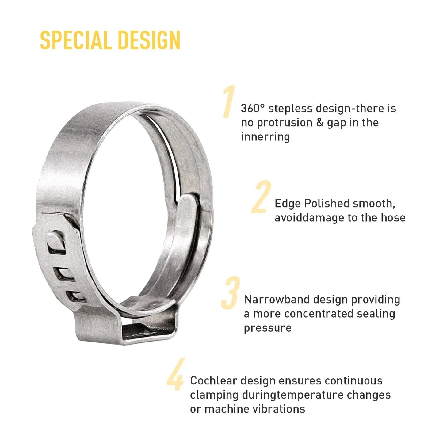 Heavy Duty 150 Pcs 304 Stainless Steel Single Ear Hose Clamp Kit With Ear Clamp Pincer shown with design details