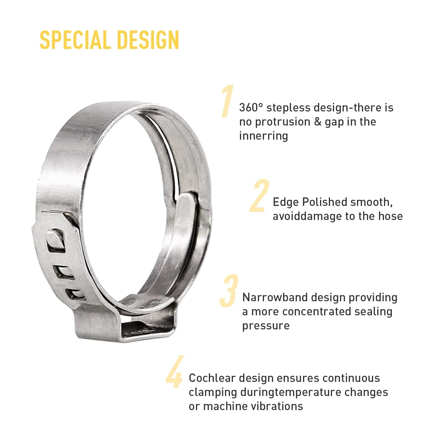 Heavy Duty 150 Pcs 304 Stainless Steel Single Ear Hose Clamp Kit With Ear Clamp Pincer shown with design details