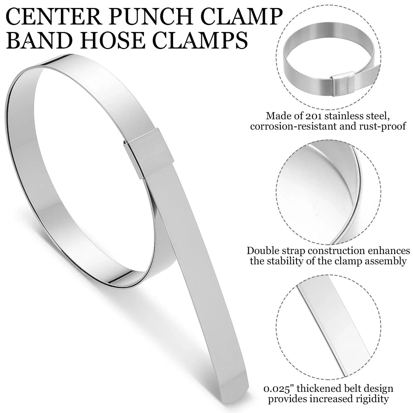 25 Pack Center Punch Hose Clamps Five Eighth Inch Wide Four Inch Diameter 0.025 Inch Thick 201 Stainless Steel Preformed Band Clamps For Hose Ducting Pipes Cable Management And More shown in various views.