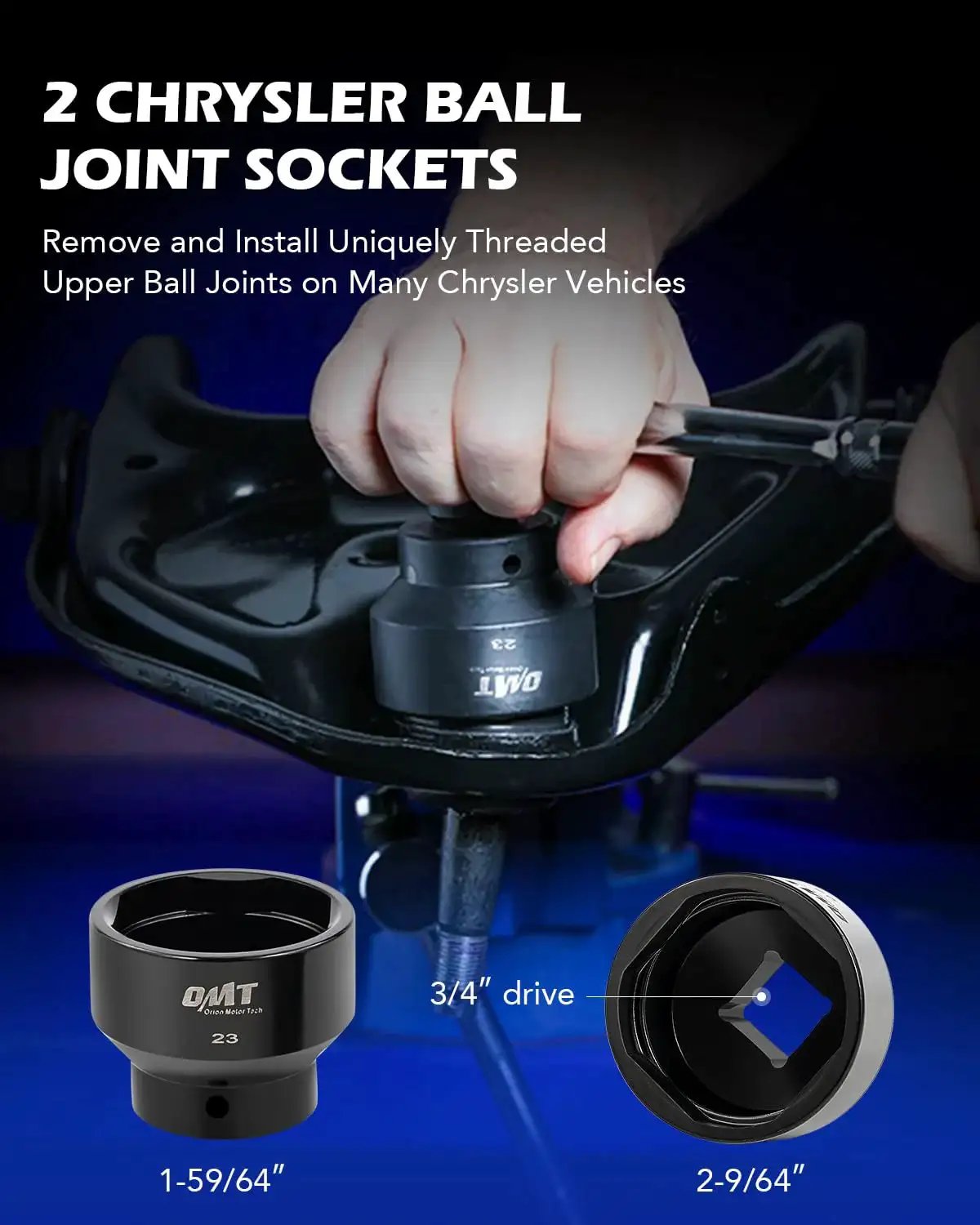 Close-up of 2 Chrysler ball joint sockets from 23Pc Ball Joint Press Kit With U Joint Removal Sockets And Heavy Duty Adapters.