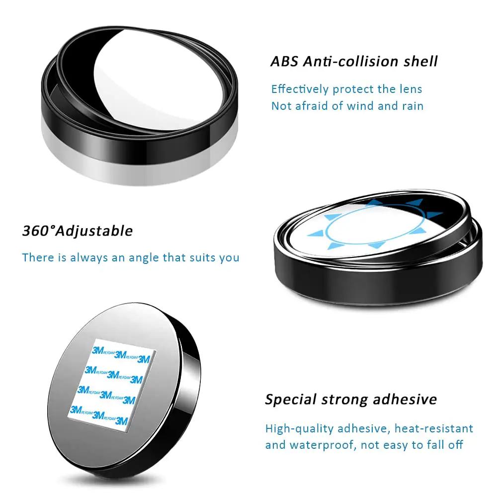 Close-up of Two Pack Blind Spot Mirrors For Cars, 360 Rotating Round HD Glass Convex Rear View Mirrors With ABS Protective Shell.