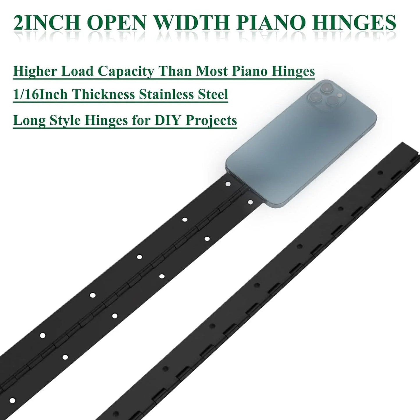 Heavy Duty Piano Hinge Set 2 Pack 2 In Open Width By 20 In Long 0.06 In Thick Stainless Steel With Holes Black
