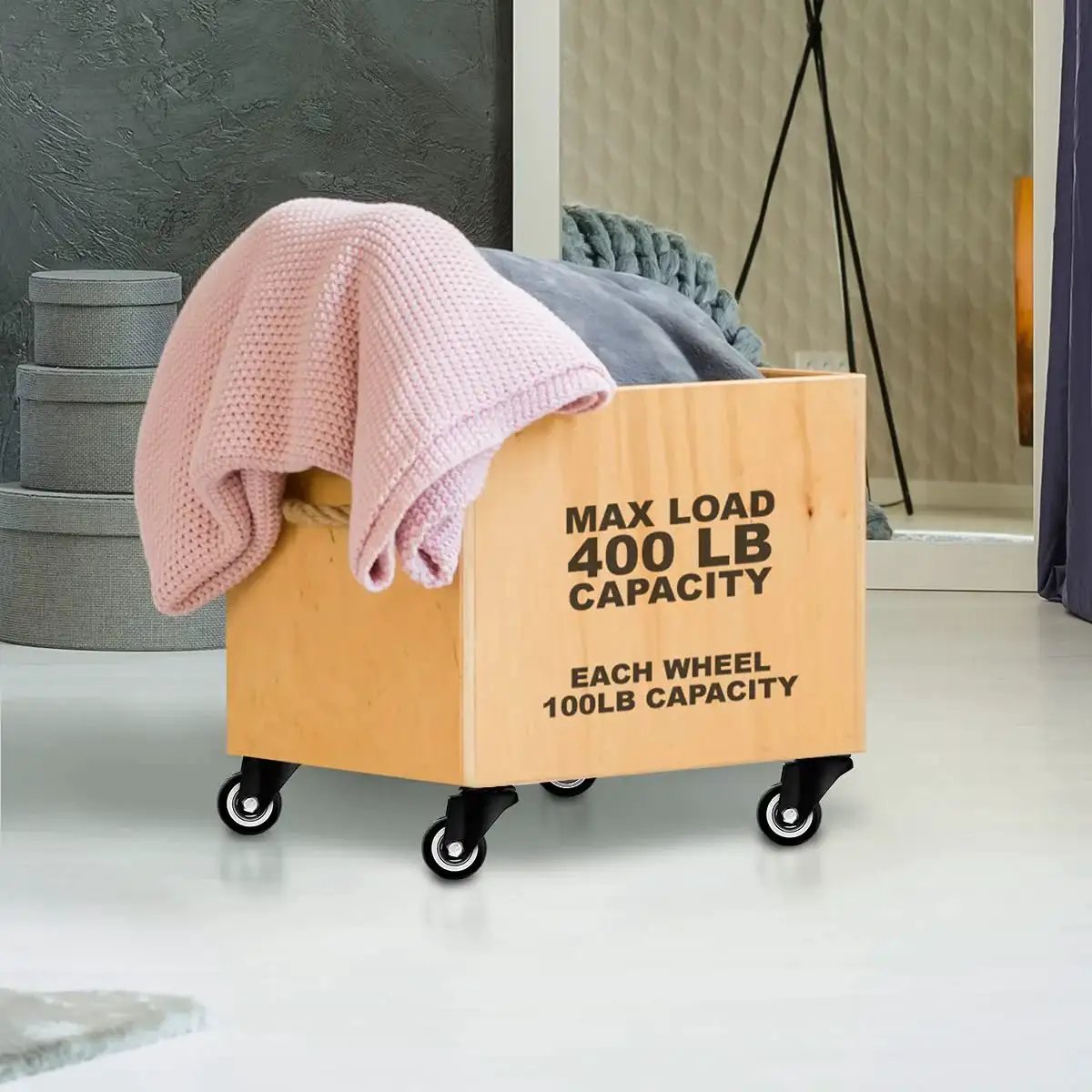 Wooden box with pink blanket on swivel caster wheels set rubber base with top plate bearing heavy duty pack of 4 black non brake 1.5 inch casters for toolbox carts cabinets and workbenches with load capacity over 100 lbs per caster for heavy equipment