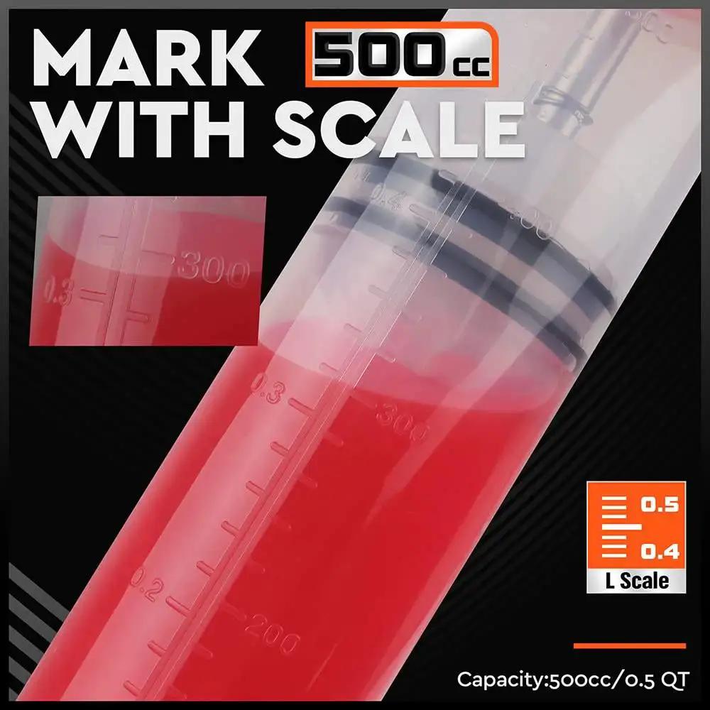Close-up of 500cc Fluid Extractor for Automotive Use with marked scale and 7-inch hoses.