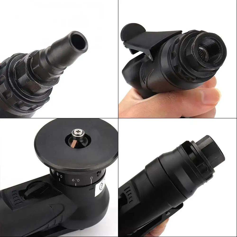 Close-up of Mini Pneumatic Chamfering Tool For Fast Metal Deburring And Beveling with 45 Degree Chamfer, showing nozzles and settings.