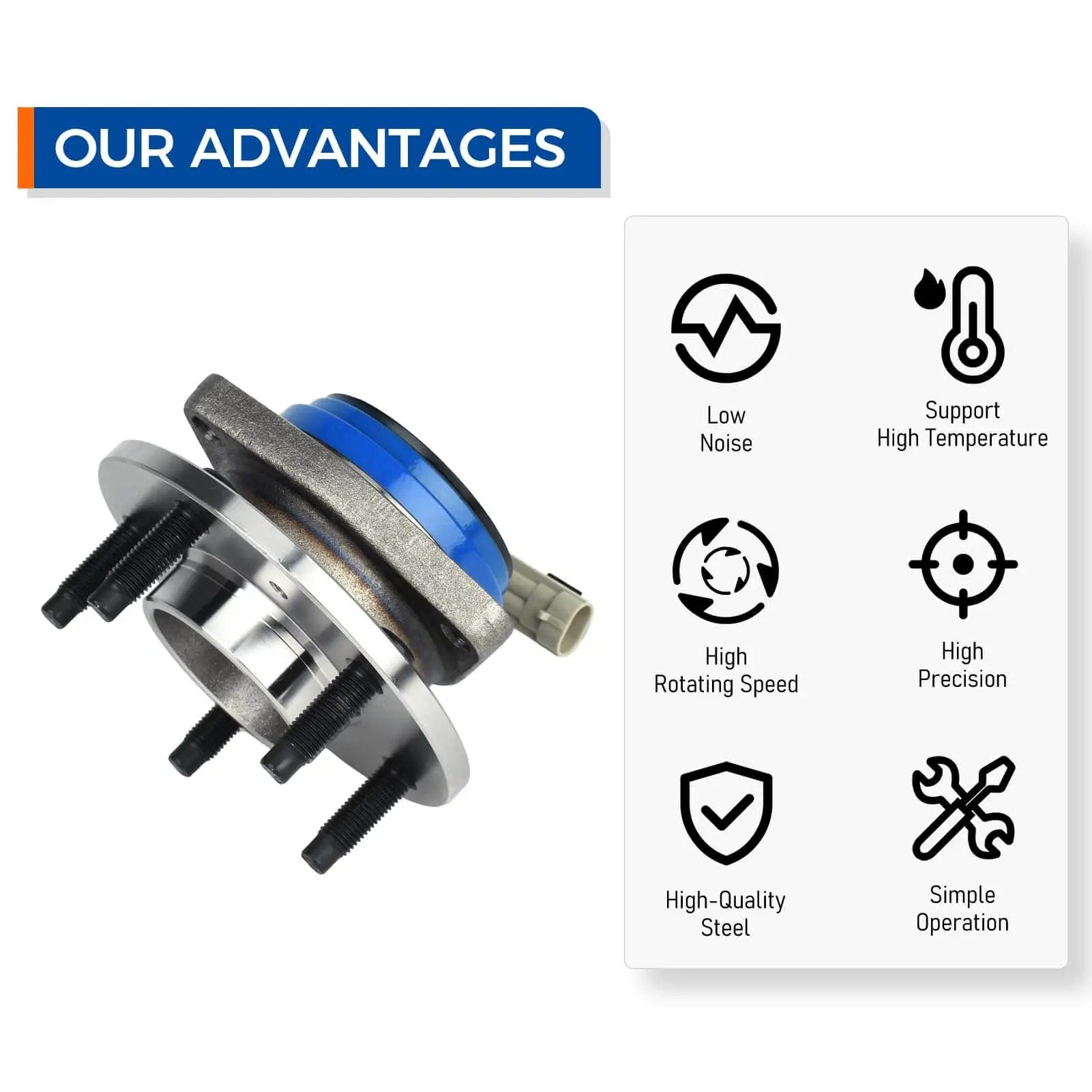Front Pair 513179 Wheel Bearing Hub Assembly advantages, showing low noise, high precision, and 5 lug ABS fit for GM vehicles