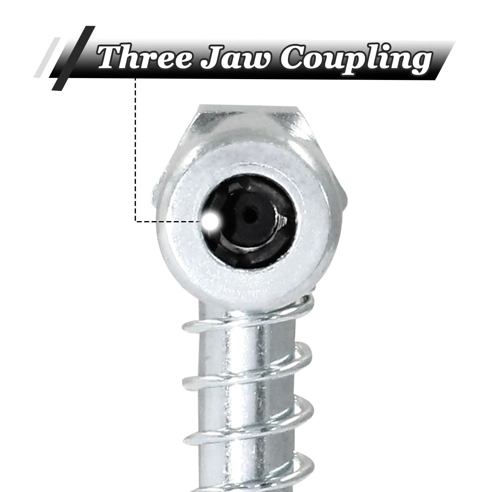 Close-up of 90 Degree Grease Coupler Gun Adapter with three-jaw coupling, angled grease gun tip for farm equipment and trucks.
