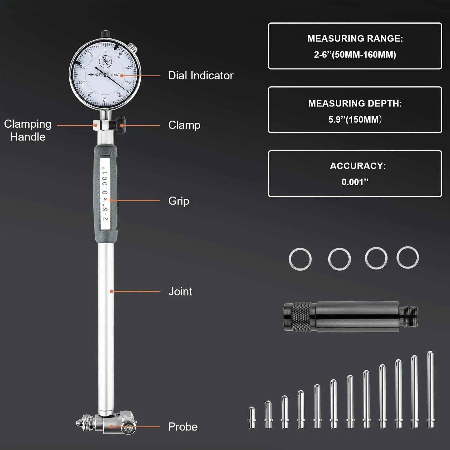 Pro Grade Bore Gauge Set 2 To 6 Inch Range With 0.001 Inch Accuracy For Engine Cylinders displayed with dial indicator and accessories.
