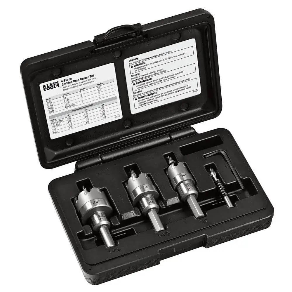 Heavy Duty Beast Carbide Hole Saw Kit With Pilot Bit In Rust Proof Molded Plastic Case Includes Three Hole Saws 7/8 Inch 1-1/8 Inch 1-3/8 Inch Plus One More Size For Quick Precise Drilling In Stainless Steel Mild Steel Iron Copper And Brass displayed in an open black case