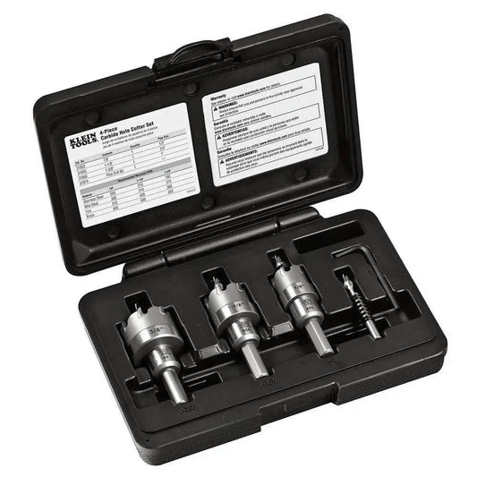 Heavy Duty Beast Carbide Hole Saw Kit With Pilot Bit In Rust Proof Molded Plastic Case Includes Three Hole Saws 7/8 Inch 1-1/8 Inch 1-3/8 Inch Plus One More Size For Quick Precise Drilling In Stainless Steel Mild Steel Iron Copper And Brass displayed in an open black case