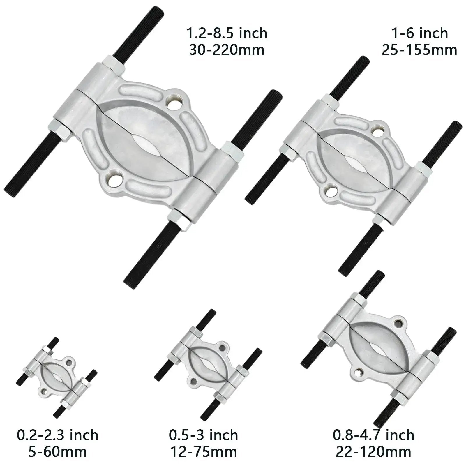 Heavy Duty Bearing Puller And Gear Pinion Splitter Separator Tool for wheel hubs, showing five size variations for auto repair use.