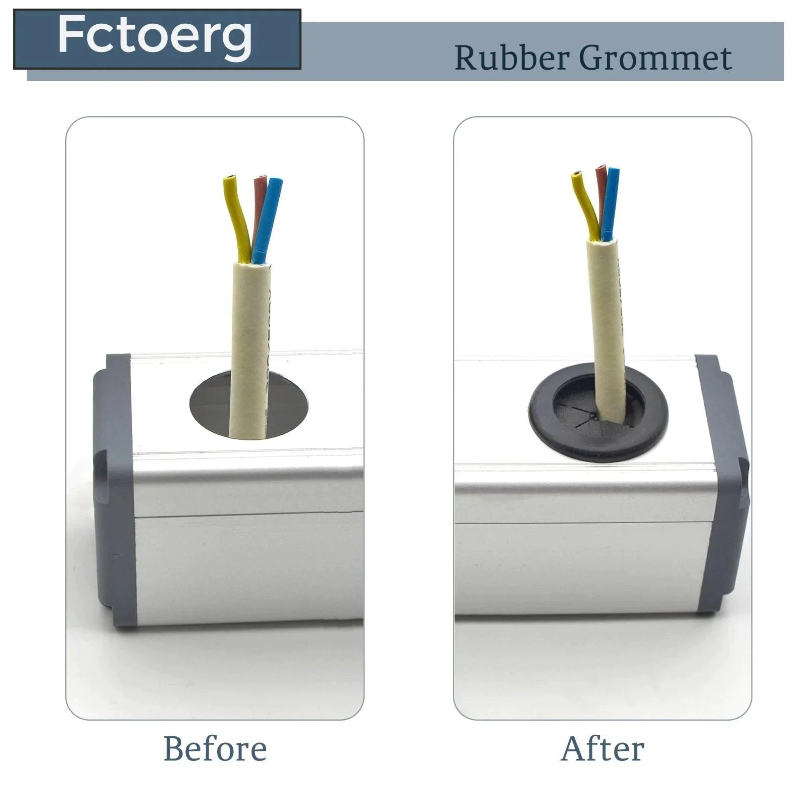 Before and after installation of 2 Inch Rubber Grommets for wiring protection in a metal panel, illustrating sealing effect.