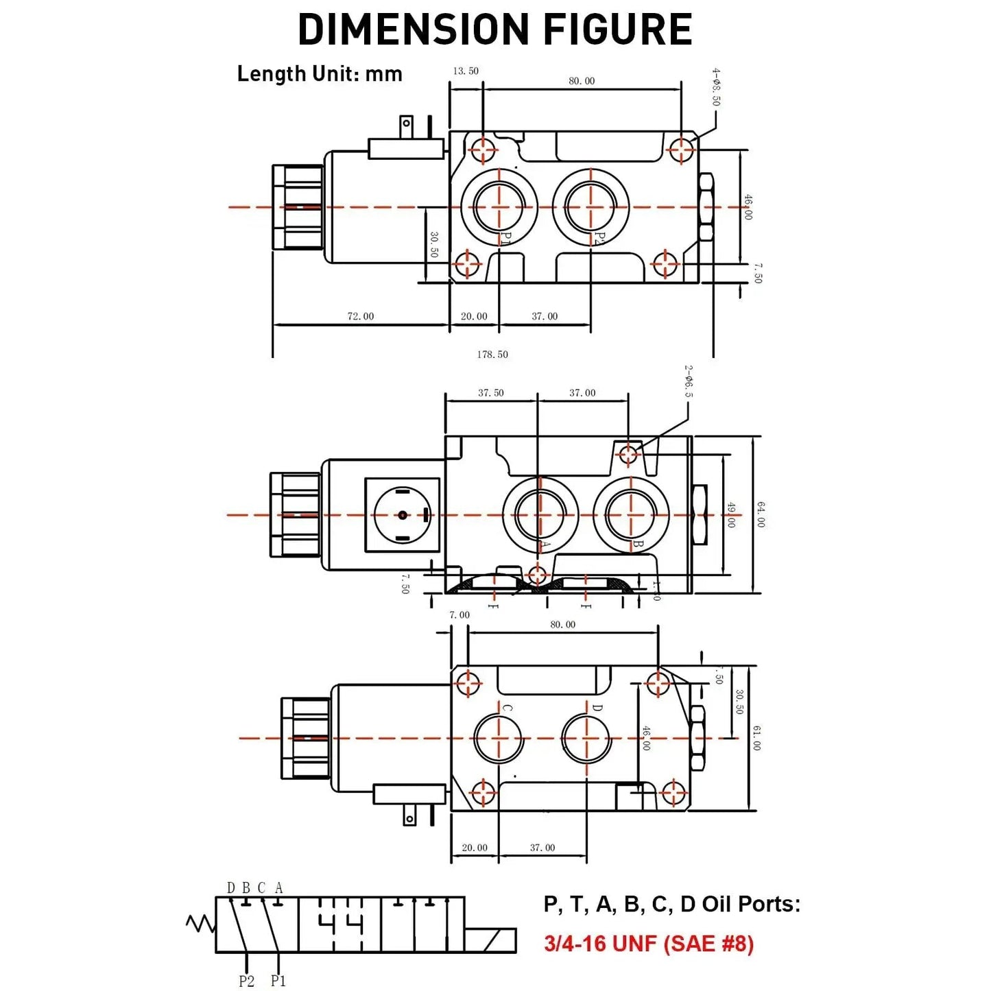 Technical diagram of Versatile Hydraulic Solenoid Diverter Valve, 6 SAE ports, 3/4-16 UNF, top and side view dimensions, 200 bar max pressure